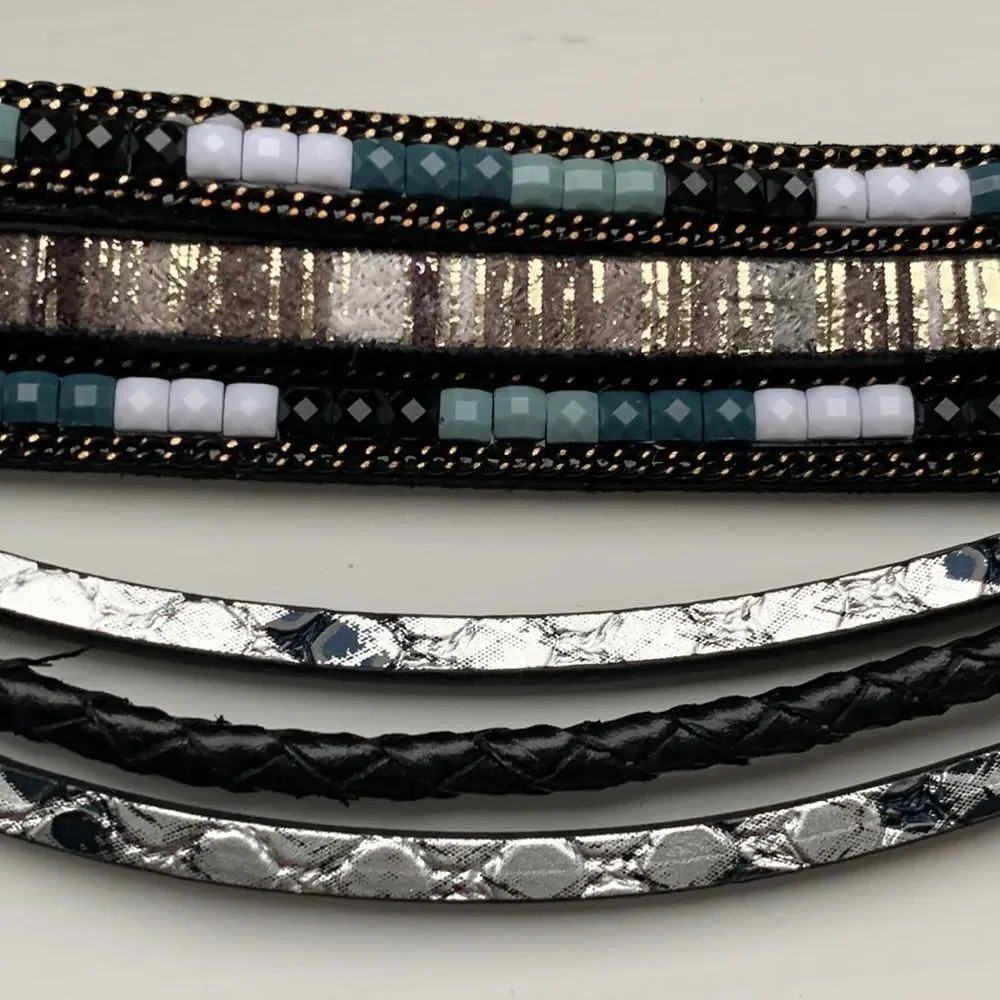 Black & White Multi-Strand Beaded Magnetic Clasp Cuff Bracelet
